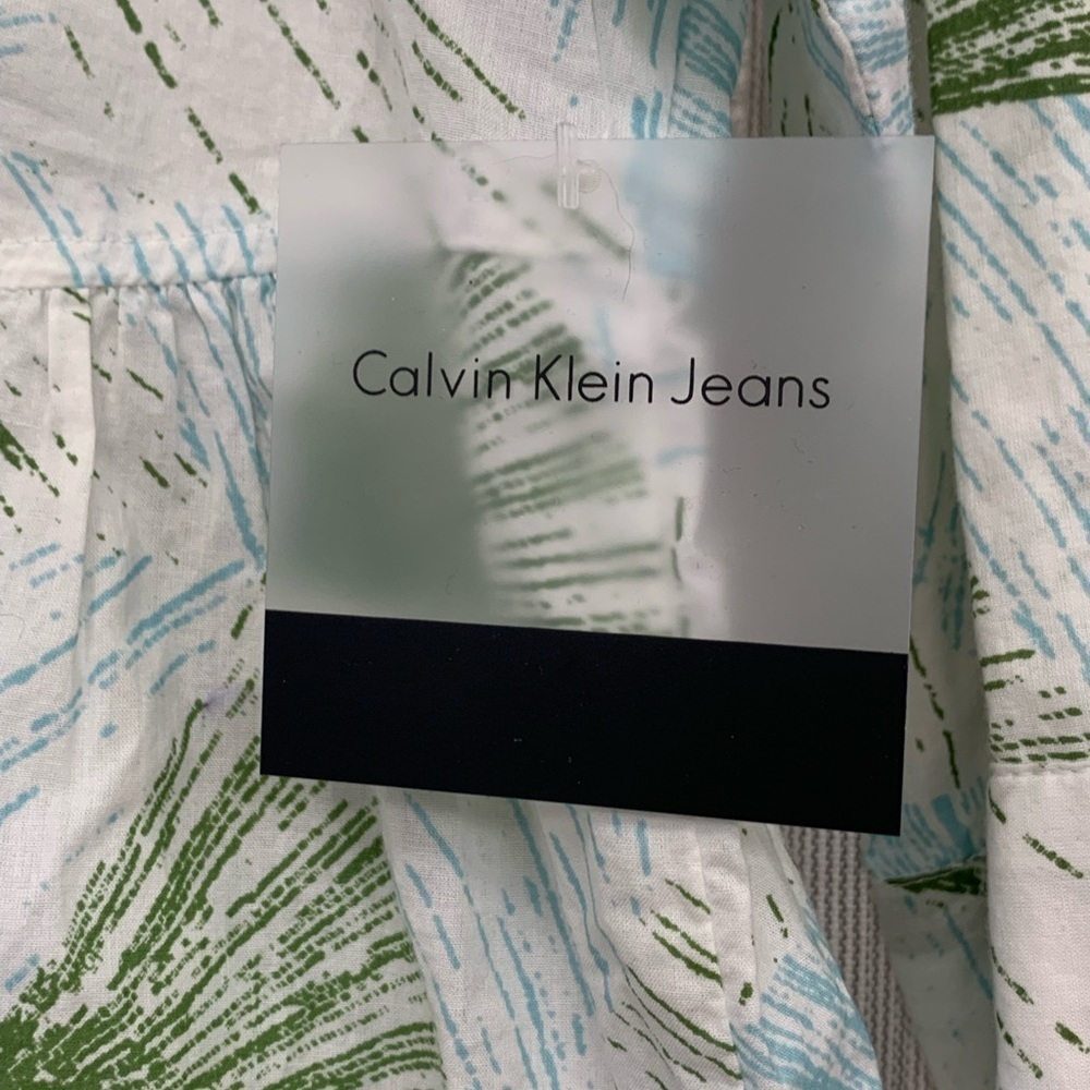 Calvin Klein Jeans NWT Button Up Cotton Shirt Blue Green White 3/4 Sleeve Size L - Picture 2 of 12